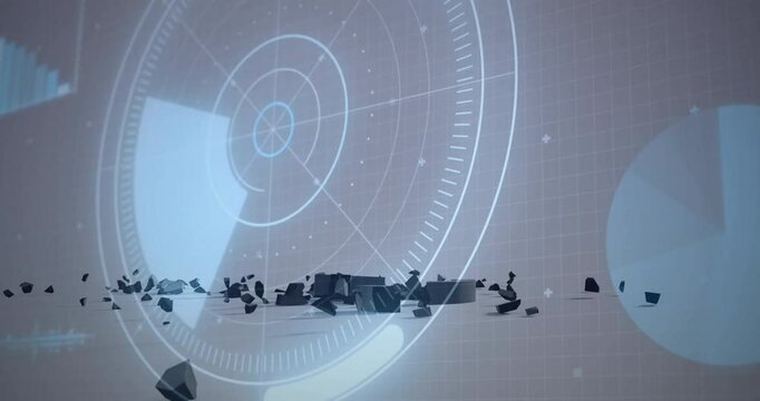 Radar animation with futuristic scattered debris on reflective surface