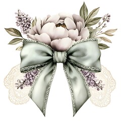 Elegant watercolor floral bouquet with sage green bow and vintage lace
