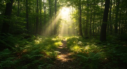 Obraz premium Sunlit Path, Verdant Embrace AI Generated