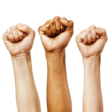 Raised fists in the air symbolizing strength isolated on transparent background