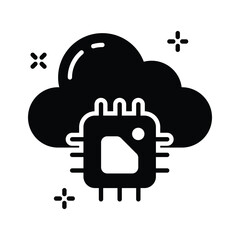 Modern glyph style icon depicting ai cloud with a microprocessor chip