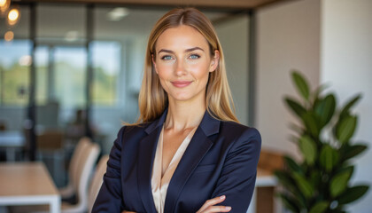 Modern portrait headshot of a friendly ceo executive business worker: A confident businesswoman with blonde hair stands with her arms crossed, wearing a navy suit and a light-colored top in a modern