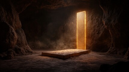 A striking image of a glowing stone tablet surrounded by cave walls, evoking feelings of mystery, exploration, and the allure of ancient artifacts waiting to be discovered by adventurers.