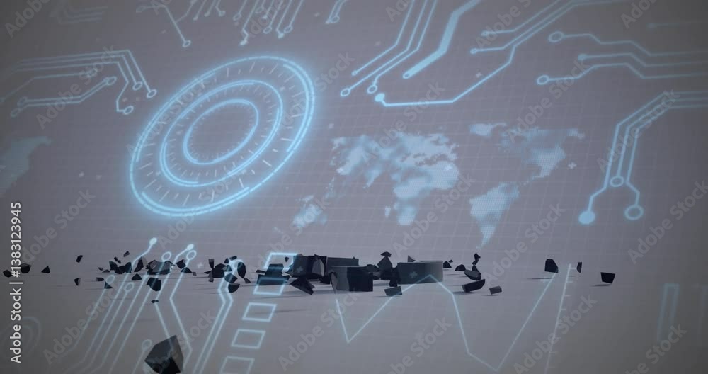 Poster animation of digital world map with circuit patterns over 3d blocks and particles