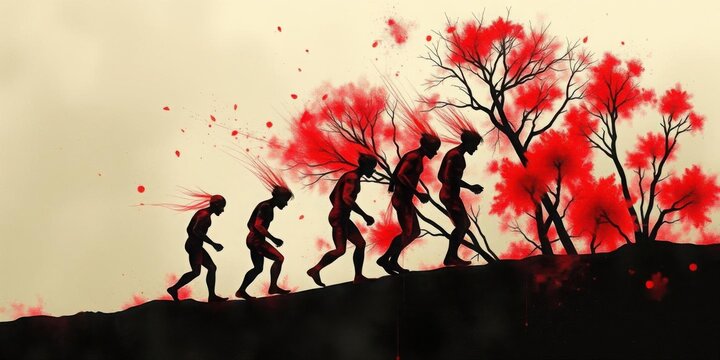Human Evolution Red Trees Abstract Art Transformation Surrealism