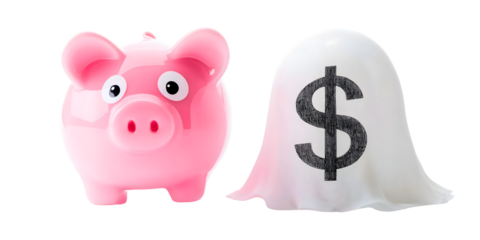 pink piggy bank and ghost with money / dollar symbol isolated on white background; money, currency, financial, pension, retirement, lack of profit, element cut-out
