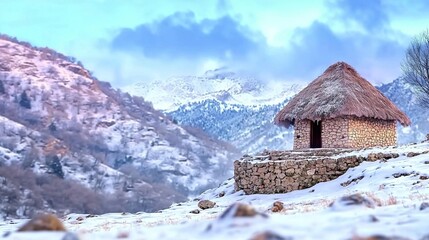 Snowy mountain hut