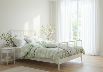 Cozy light spring bedroom with soft colors and natural light from large windows