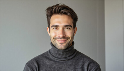 Obraz premium Modern portrait headshot of a friendly ceo executive business worker: A handsome man with a neatly groomed beard smiles warmly at the camera while wearing a dark gray turtleneck sweater against a mu