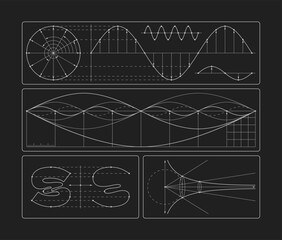 Vector set of mathematical theme graphs. White lines scientific art on a black background.