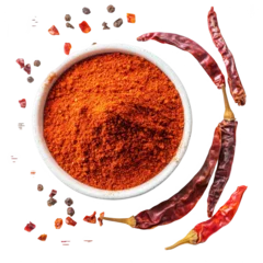 Fotobehang Spicy hot chili powder and dried peppers isolated on a white background, png © Jannik