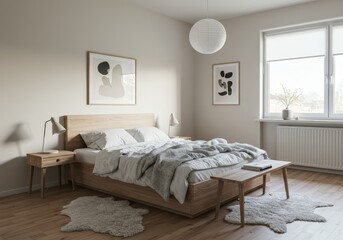 Scandinavian bedroom design featuring minimalist decor with natural textures and light colors