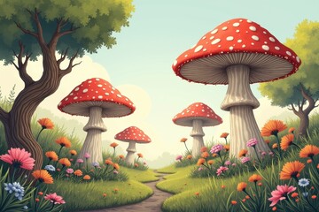 Whimsical fairyland with giant mushrooms colorful flowers in enchanted path