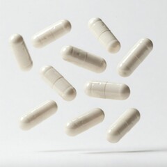 White Pills Falling Capsule Isolated Background Copy Space