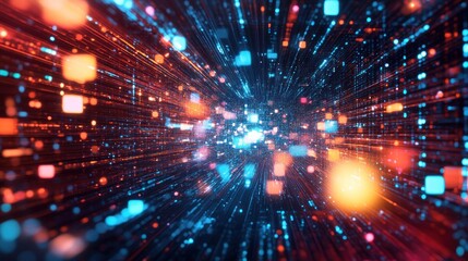 Digital data stream tunnel; glowing particles, fast motion, abstract background, tech concept