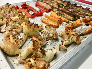 A delicious platter of Roasted Colorful Vegetables arranged beautifully on a Baking Sheet