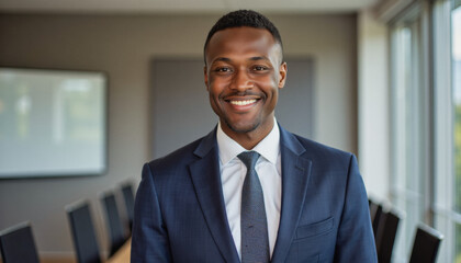 Fototapeta premium Modern portrait headshot of a friendly ceo executive business worker: A smiling, well-dressed Black businessman confidently poses indoors, likely in an office setting.