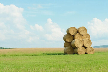 Farmer stacks hay bales in a sunny field under a bright blue sky during harvest season
