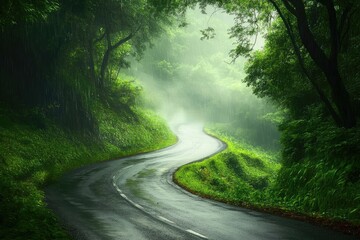 Obraz premium Winding Road Through Lush, Misty Forest