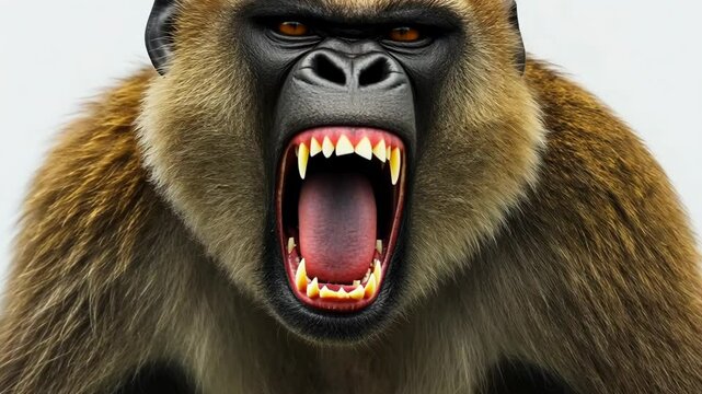 Aggressive primate showing teeth in close-up view against neutral background