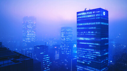 Modern cityscape with blue buildings and digital overlays, smart urban management concept