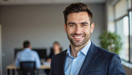Fototapeta premium Modern portrait headshot of a friendly ceo executive business worker: A smiling businessman with a neatly groomed beard confidently looks at the camera while standing in a modern office setting.
