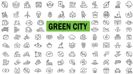 Green City Line Icons Set – Editable Vector Illustration of Eco Concepts: CO2 Neutral, Zero Waste, Use Bike, Green Energy, Air & Water Quality