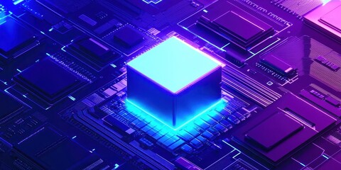 A computer chip is lit up in a blue and orange color