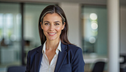 Modern portrait headshot of a friendly ceo executive business worker: A professionally dressed businesswoman with dark hair and subtle grey streaks smiles confidently at the camera in a modern offic