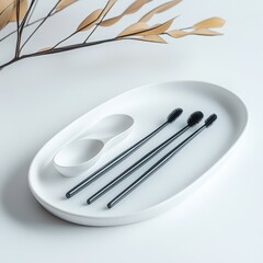 Elegant bathroom arrangement with toothbrushes and eye lash brushes on a minimalist white tray