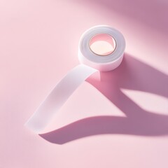 Roll of clear adhesive tape placed on pink background creating soft shadows in bright natural light