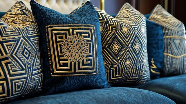 Decorative blue cushions arranged on an elegant couch in a luxurious living room showcasing intricate patterns and textures