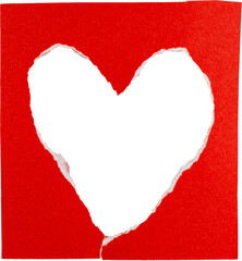 empty red paper heart isolated on white background, hand torn paper heart aesthetics
