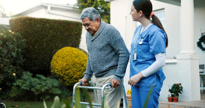 Retirement home, caregiver and senior man with walker outdoor for mobility support, healing or medical service. Healthcare, nurse and elderly person with disability for recovery, helping or fresh air