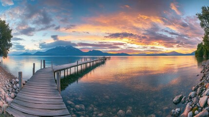 Obraz premium Serene sunset over lake, wooden pier, mountains, calm water, travel postcard