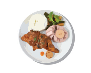 A plate piled high with savory roasted chicken, fluffy rice, and a vibrant medley of vegetables vector. Can use for infographic, banner, poster, web design. Isolated on white background.	