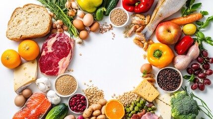 Nutritious bounty: fresh food variety arranged in a circular pattern