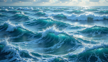 Turbulent ocean waves under sunlight