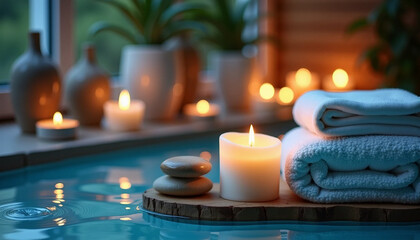 Spa relaxation scene with candles, towels, and water reflection