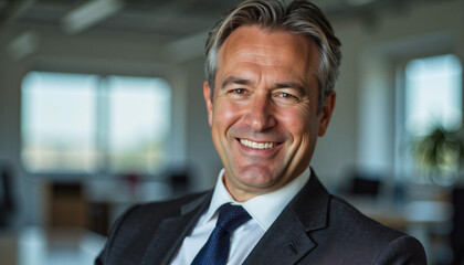 Naklejka premium Modern portrait headshot of a friendly ceo executive business worker: A mature businessman with graying hair smiles confidently at the camera while wearing a dark suit and blue tie in a modern offic