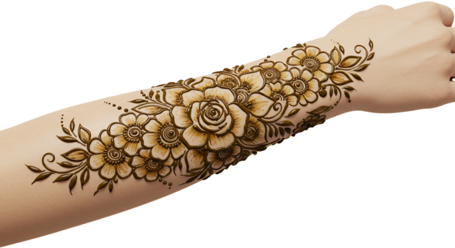 Elegant Floral Henna Tattoo Design on Forearm with Intricate Details and Style