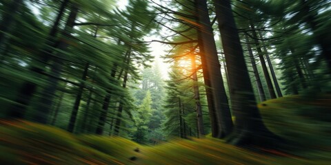 Sunlit Forest Lush Green Trees Nature s Motion Blur Tranquil Woods Serene Landscape