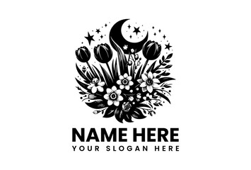 Monochrome Circular Floral Bouquet Illustration. Minimalist Flower Art