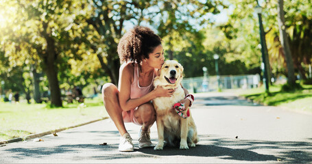 Woman, walk and dog in park, kiss and break for fitness with care, hug and outdoor in summer with...