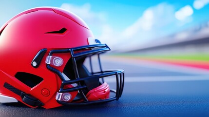 Fototapeta premium A vibrant red football helmet rests on a field, showcasing its sleek design against a blurred background of a stadium.