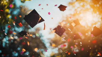 Graduation caps in mid-air amidst celebratory confetti
