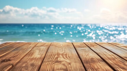 Summer beach background with wooden table and sea view for product display and vacation concept design