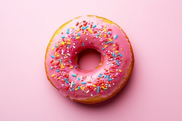 Pink frosted donut with colorful sprinkles with missing bite in solid pink background, Aerial top view. bitten donut with pink glaze and colorful sprinkles isolated on pink background. top view 