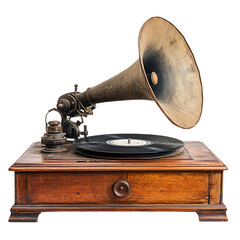 A close up of a gramophone, isolated on fully transparent png background