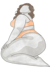 Portrait with Woman plus size wearing sport bra.Hand drawn.Creative with illustration in flat design,watercolor.